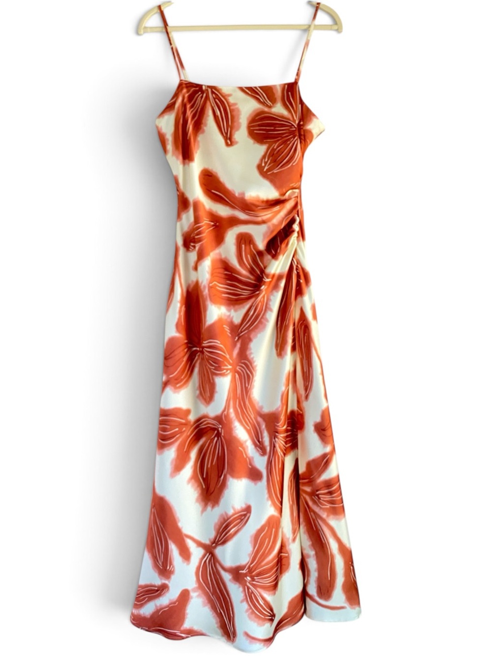 House of Harlow Rust Orange Abstract Floral Midi Slip Dress Ruched 70s Resort M - Picture 3 of 13